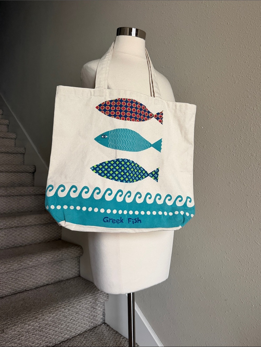 NWOT Greek Fish Canvas Tote Bag in White and Teal